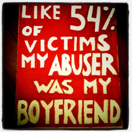 My banner for #slutwalklondon: Like 54% of other victims, my abuser was my boyfriend.