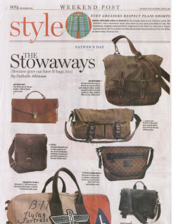 The Filson Dispatch Bag was featured in a men’s “It bag” round-up by Nathalie Atkinson in the National Post this weekend.