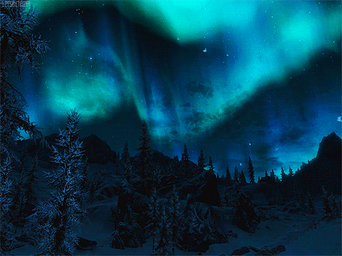 azorahai: averymerrylittlechristmas: The Aurora Borealis during winter in Alaska. .this looks an awful lot like skyrim… It looks exactly like skyrim. I don&#8217;t think normal trees look that pixilated.