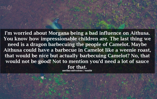 I&#8217;m worried about Morgana being a bad influence on Aithusa. You know how impressionable children are. The last thing we need is a dragon barbecuing the people of Camelot. Maybe Aithusa could have a barbecue in Camelot like a weenie roast, that would be nice but actually barbecuing Camelot? No, that would not be good! Not to mention you&#8217;d need a lot of sauce for that.
